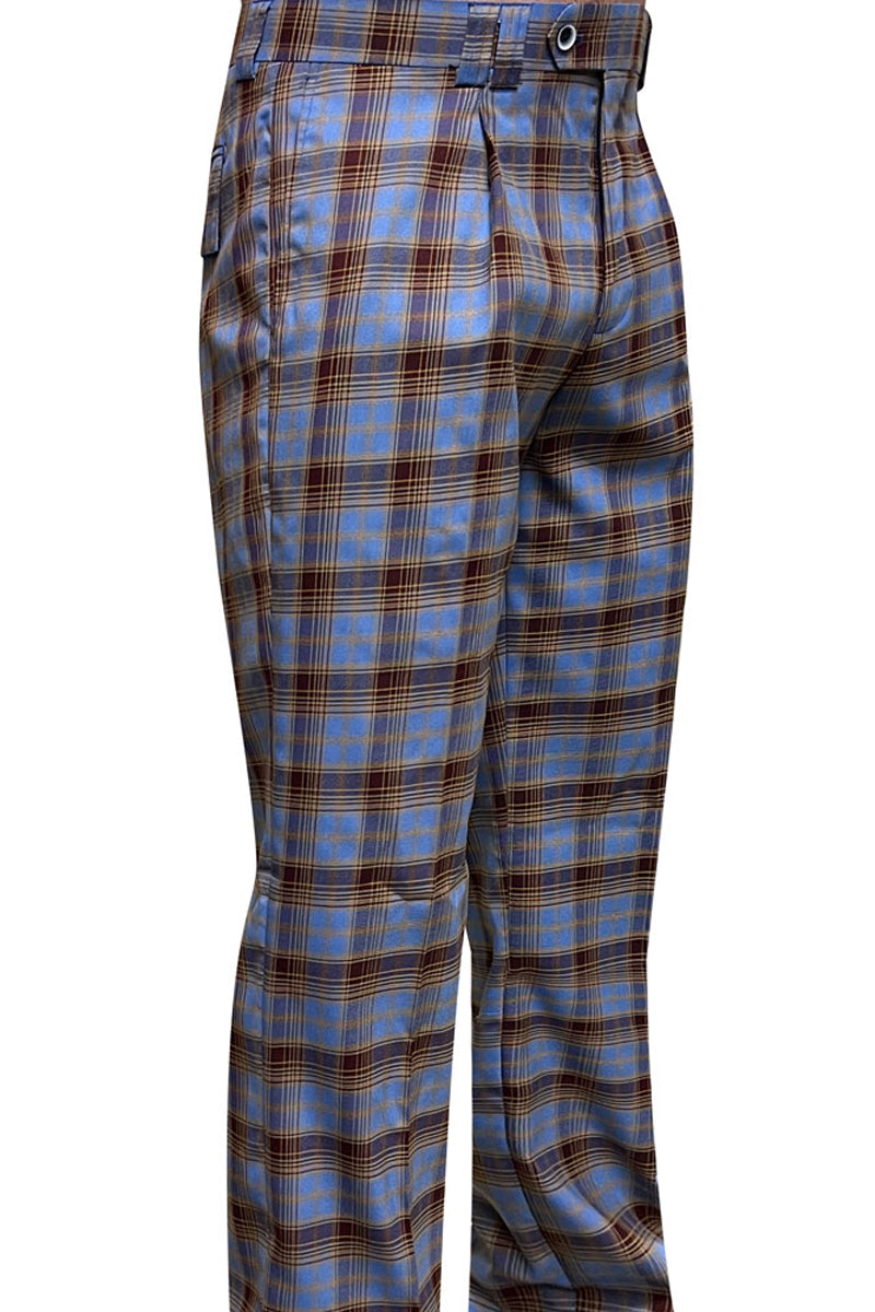 Men’s Designer Wool Pleated Wide Leg Dress Pants in Blue & Brown Plaid
