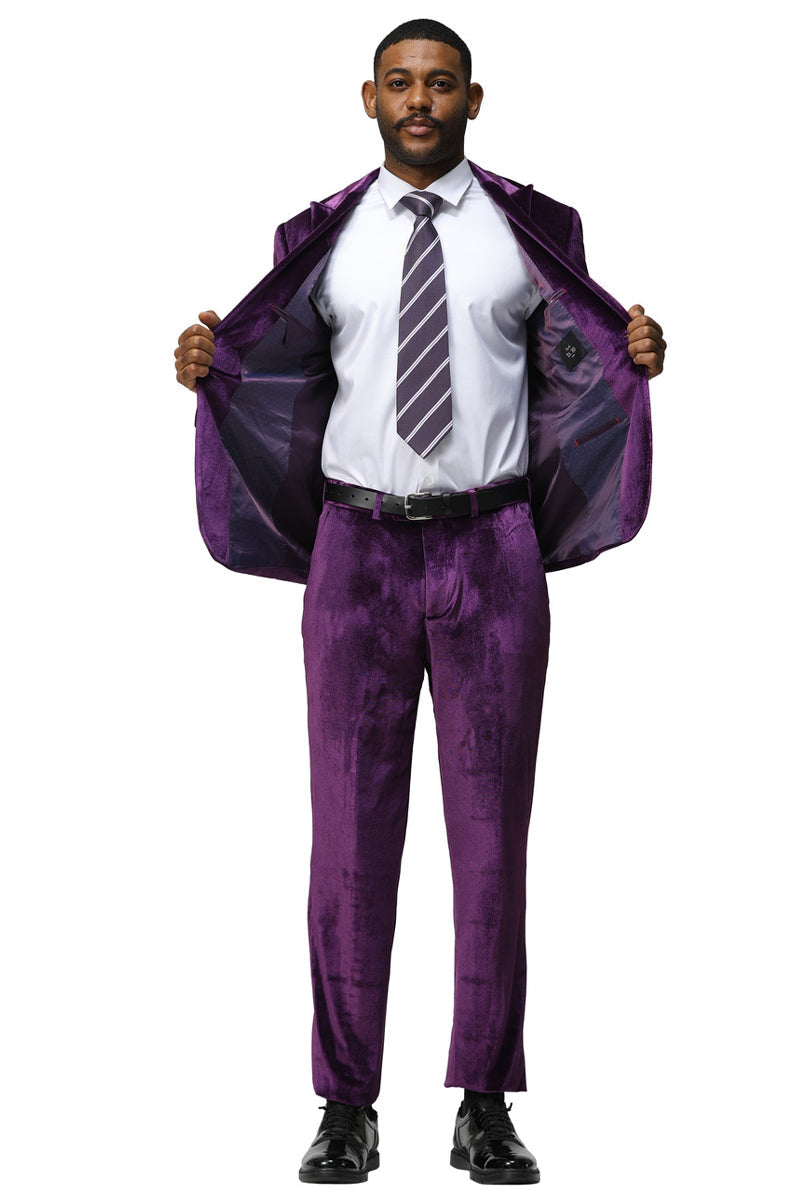 Men’s Slim Fit One Button Velvet Wedding & Prom Suit in Purple