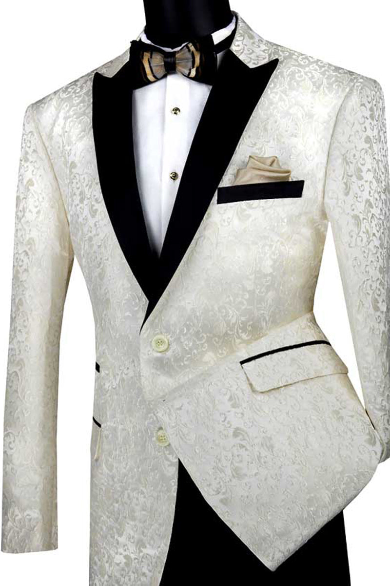 Mens Paisley Embroidered Regular Fit Sport Coat Tuxedo in Ivory