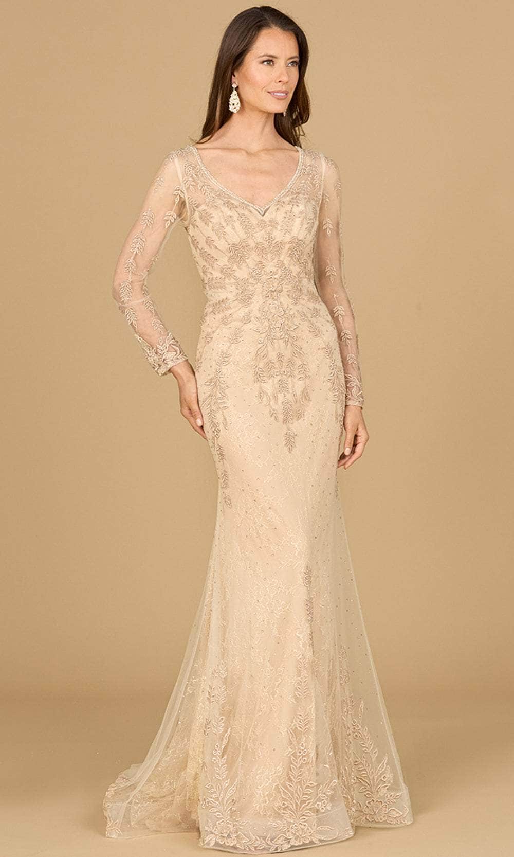 Lace Appliqued V-Neck Evening Gown
