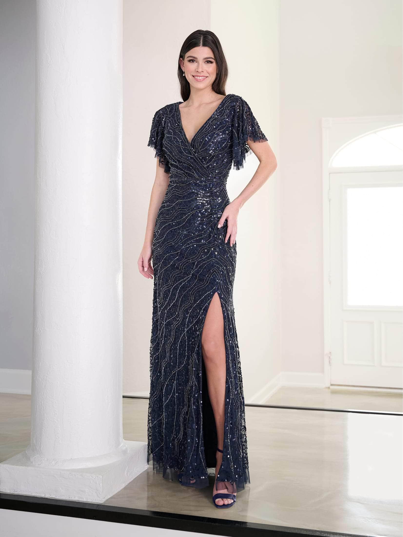 Embellished Short Sleeve Evening Gown