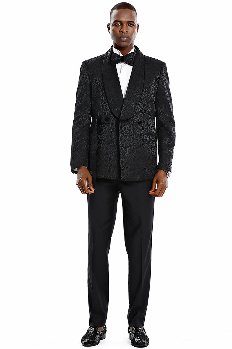 Men’s Slim Fit Double Breasted Smoking Jacket Prom & Wedding Tuxedo in Black Paisley