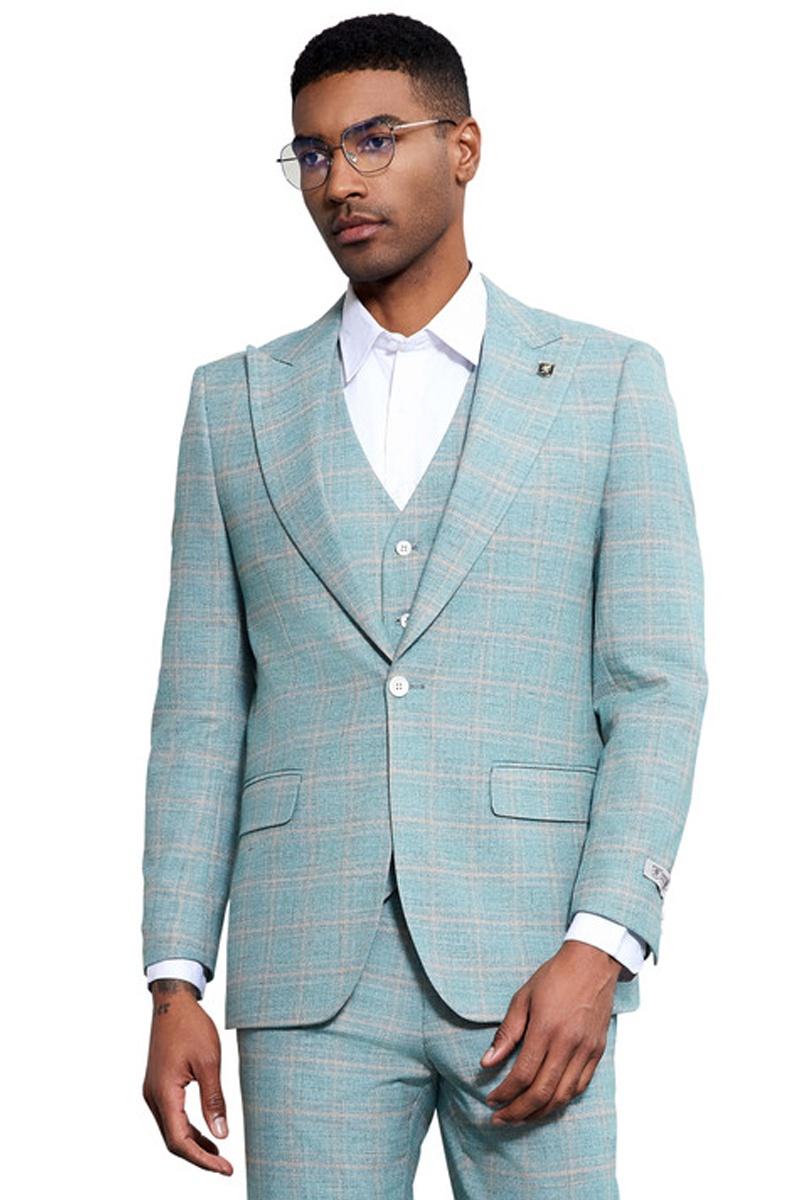 Men’s Stacy Adams Vested Peak Lapel Light Turquoise Green Plaid Prom & Wedding Suit