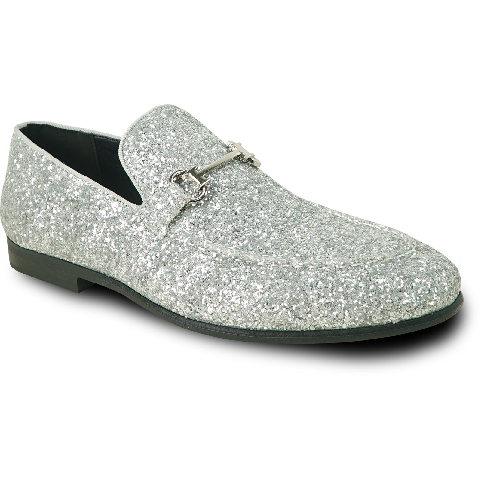 Mens Modern Glitter Sequin Prom Tuxedo Buckle Loafer in Silver Grey