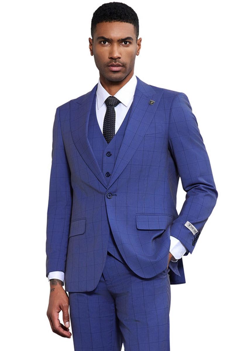 Men’s Stacy Adams Modern Fit Vested Tonal Windowpane Plaid Suit in French Blue