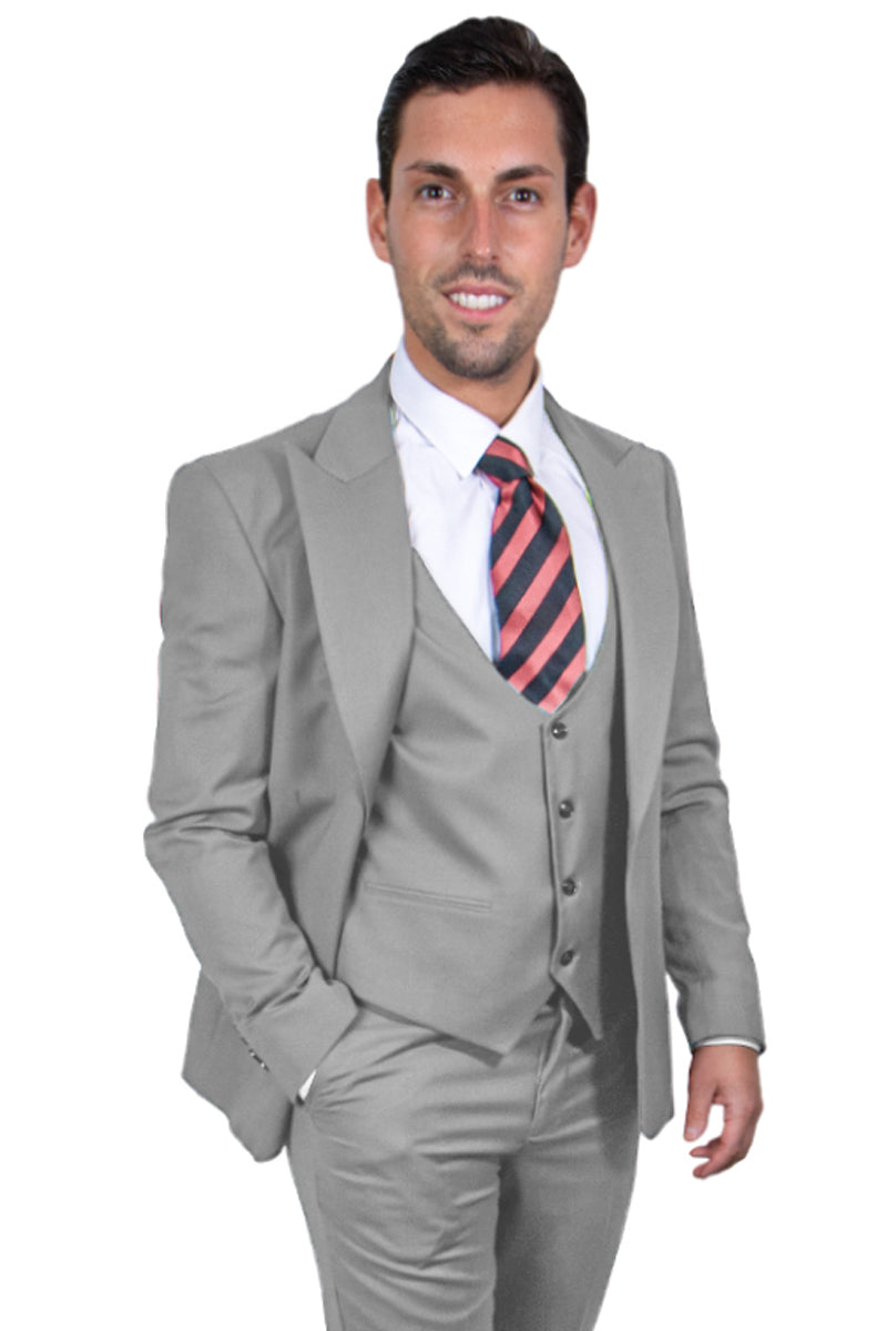 Men’s Vested One Button Peak Lapel Stacy Adams Suit in Light Grey