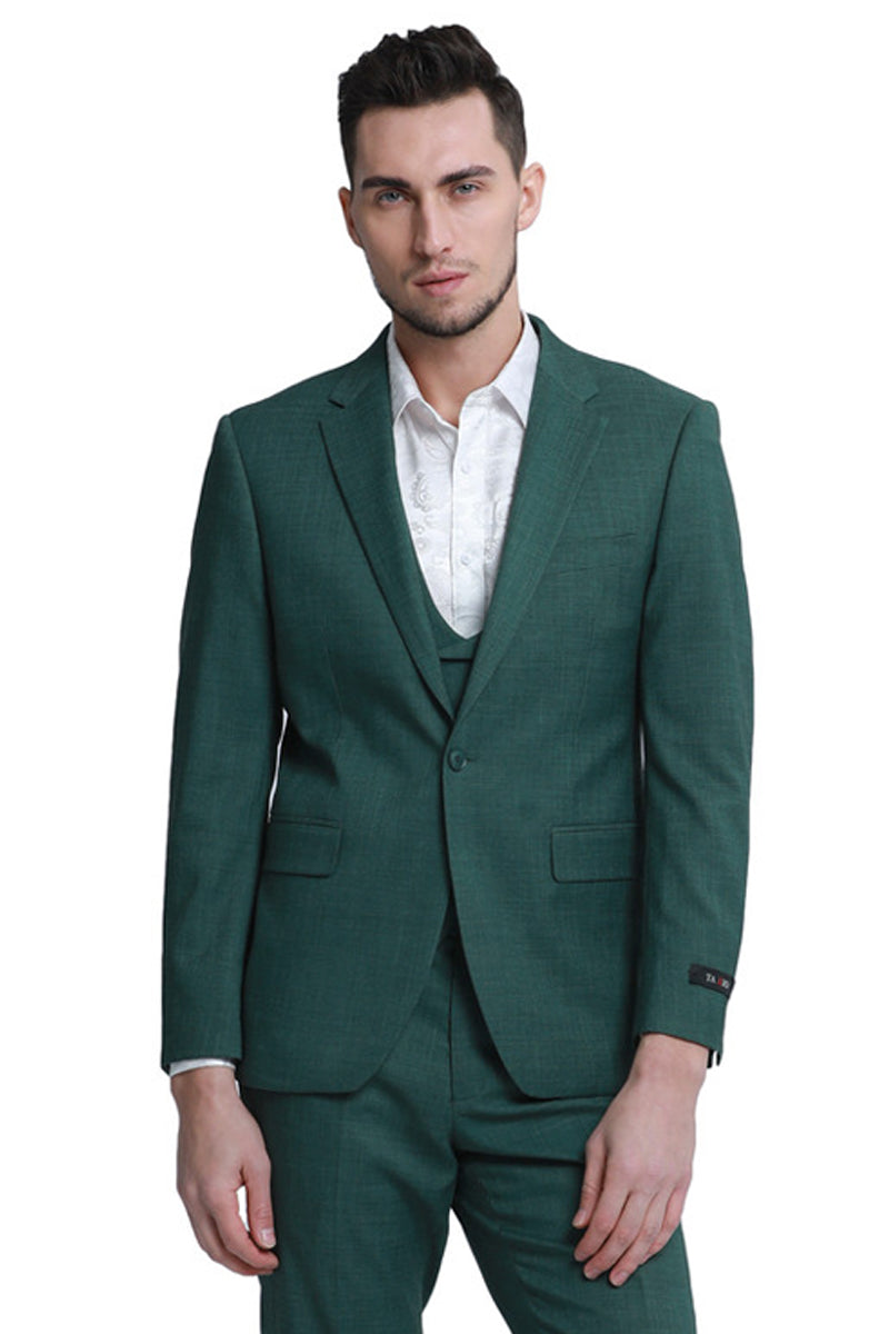 Men’s One Button Double Breasted Vest Slim Fit Sharkskin Wedding Suit in Hunter Green