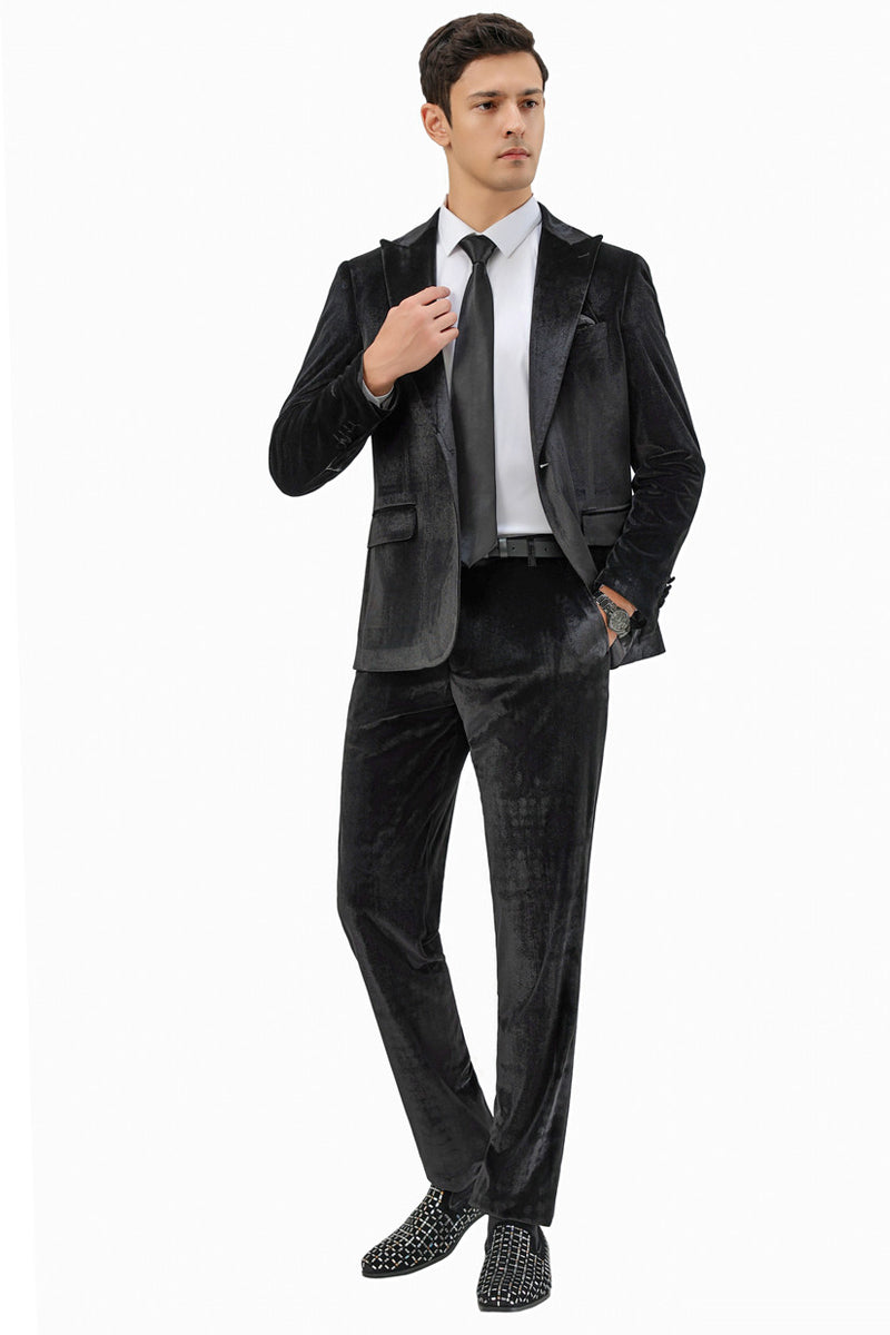 Men’s Slim Fit One Button Velvet Wedding & Prom Suit in Black