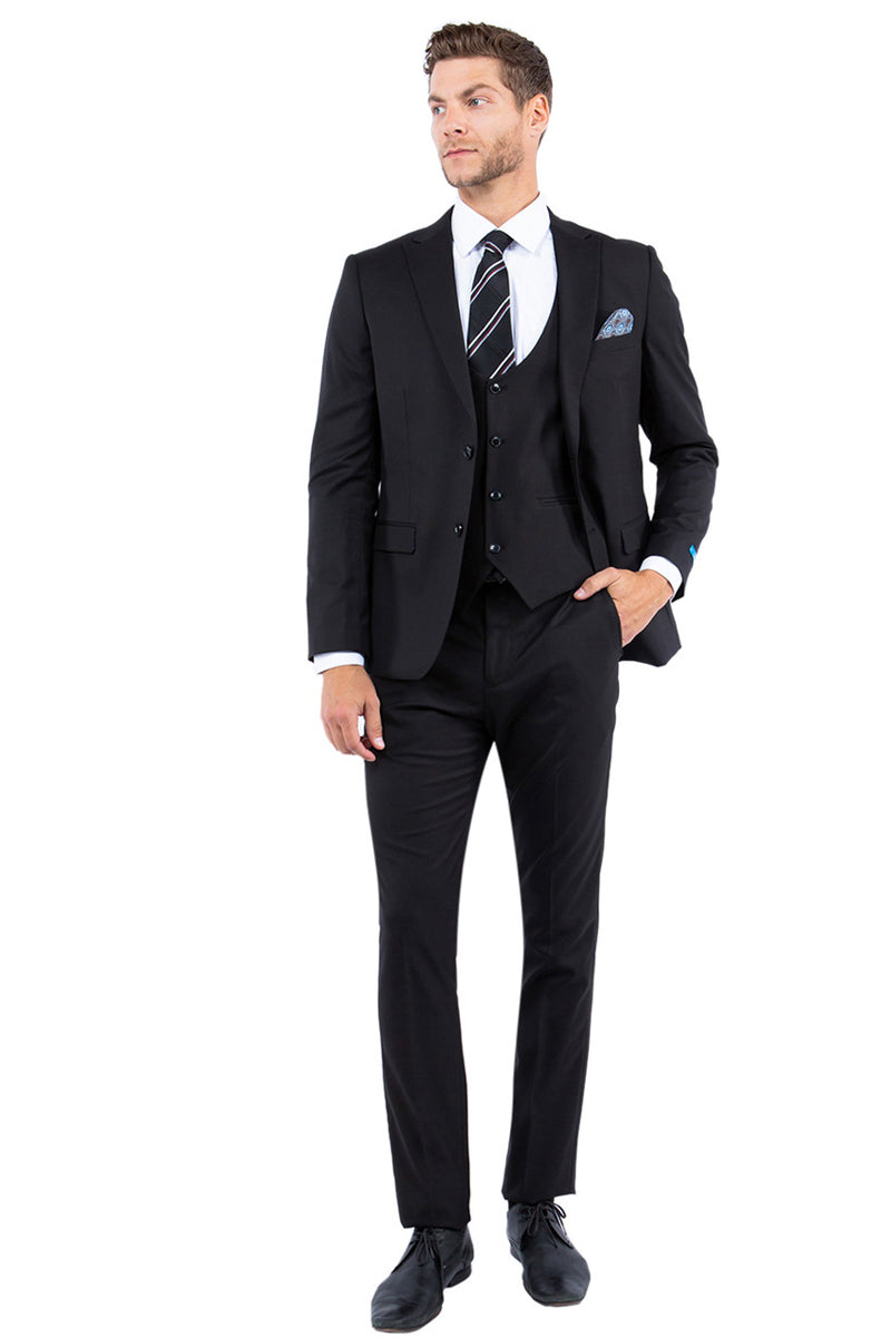 Men’s Two Button Vested Slim Fit Peak Lapel Suit in Black Nailhead