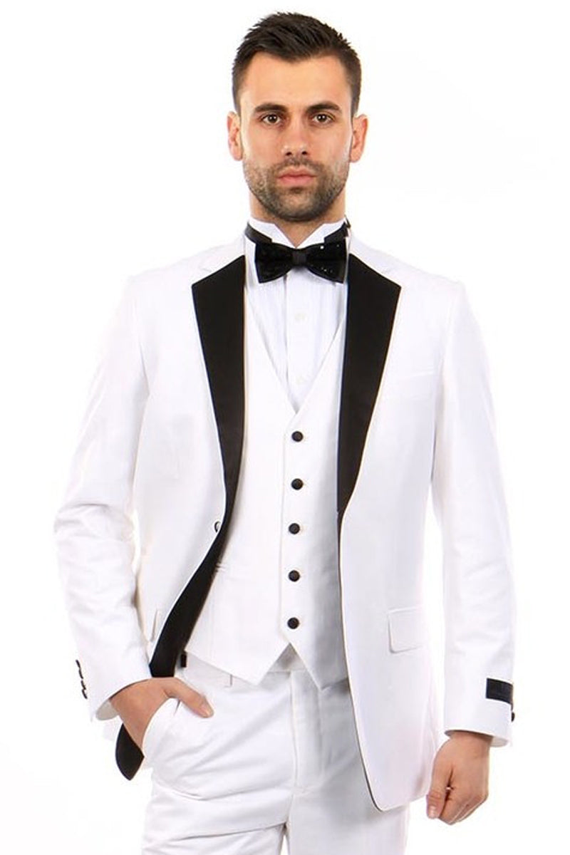 Men’s Classic Two Button Vested Notch Tuxedo in White & Black