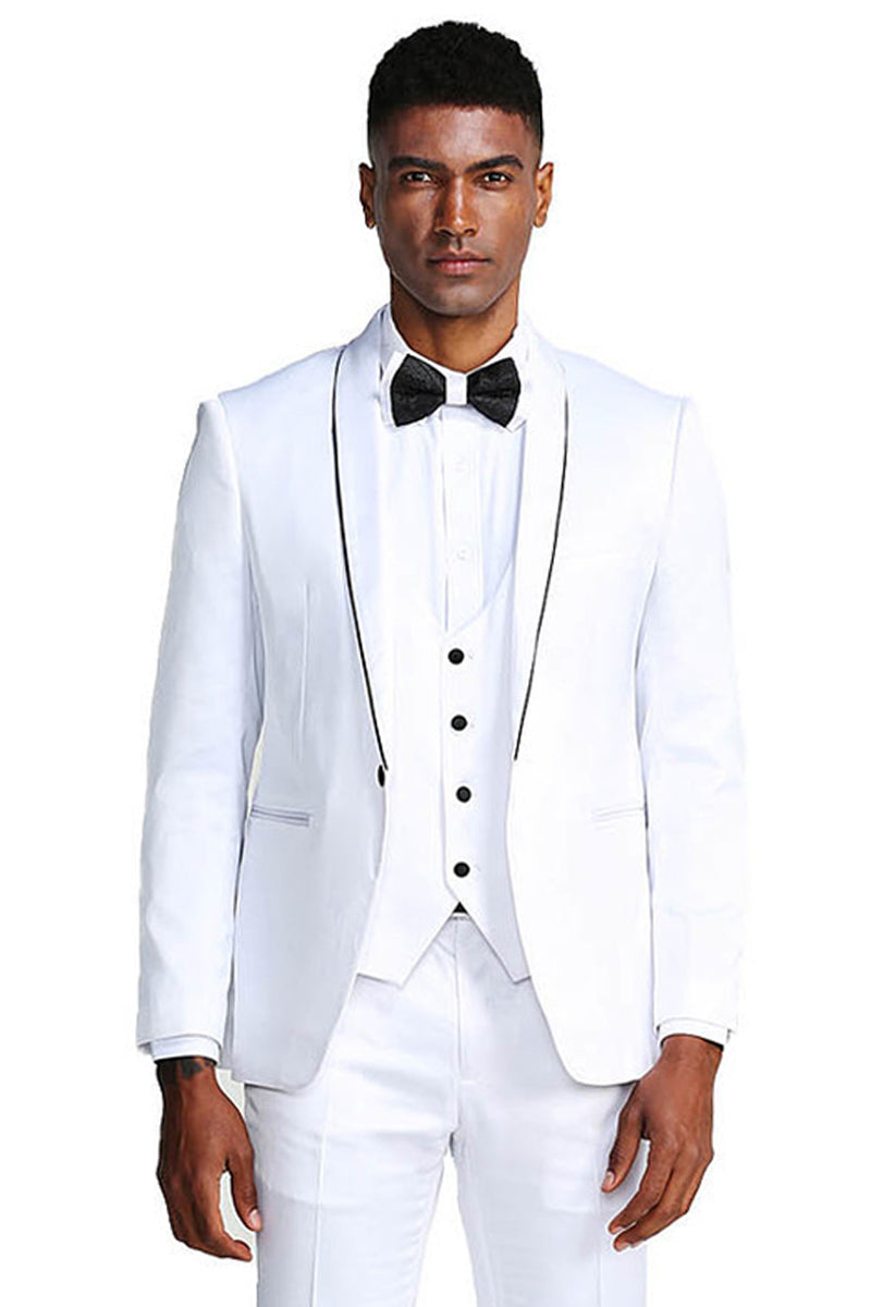 Men’s Slim Fit Vested Shiny Satin Prom & Wedding Tuxedo Suit in White