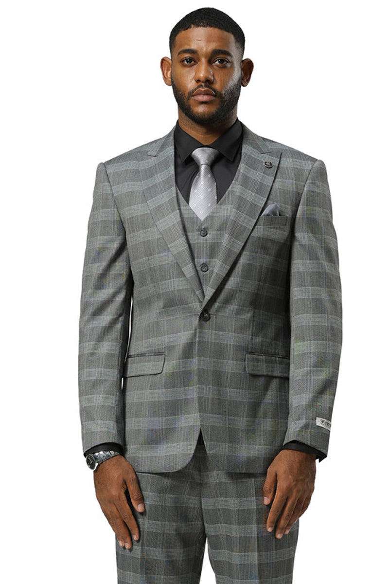Men’s Stacy Adams One Button Vested Peak Lapel Suit in Grey Glen Plaid