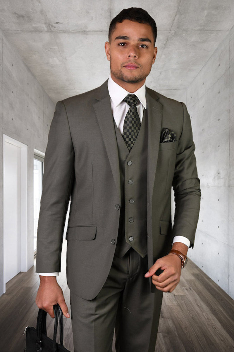 Men’s Designer Vested Modern Fit Wool Business & Wedding Suit in Sage Green