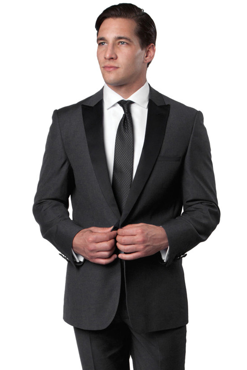 Men’s Slim Fit One Button Peak Lapel Wedding Tuxedo in Charcoal Grey
