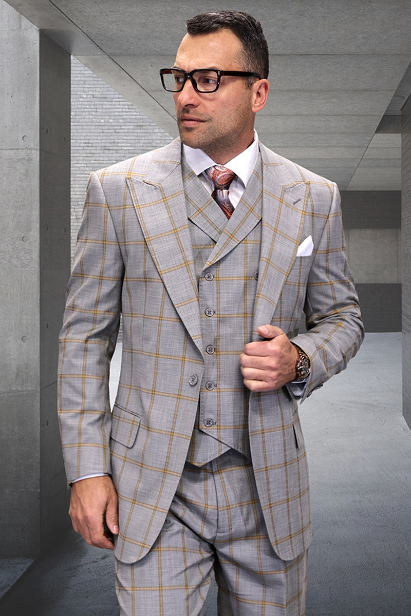 Men’s Designer One Button Peak Lapel Vested Wool Suit in Tan & Gold Windowpane Plaid