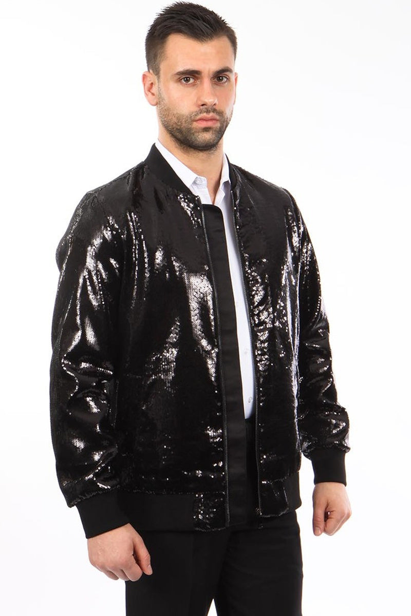 Men’s Shiny Sequin Bomber Jacket in Black