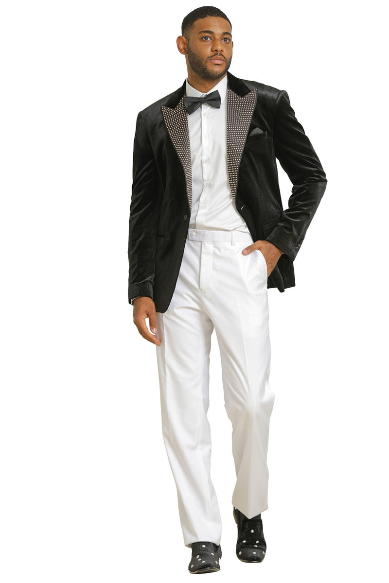 Men’s Stacy Adams Velvet Wedding & Prom Tuxedo Jacket With Rhinestone Adorned Lapel in Black