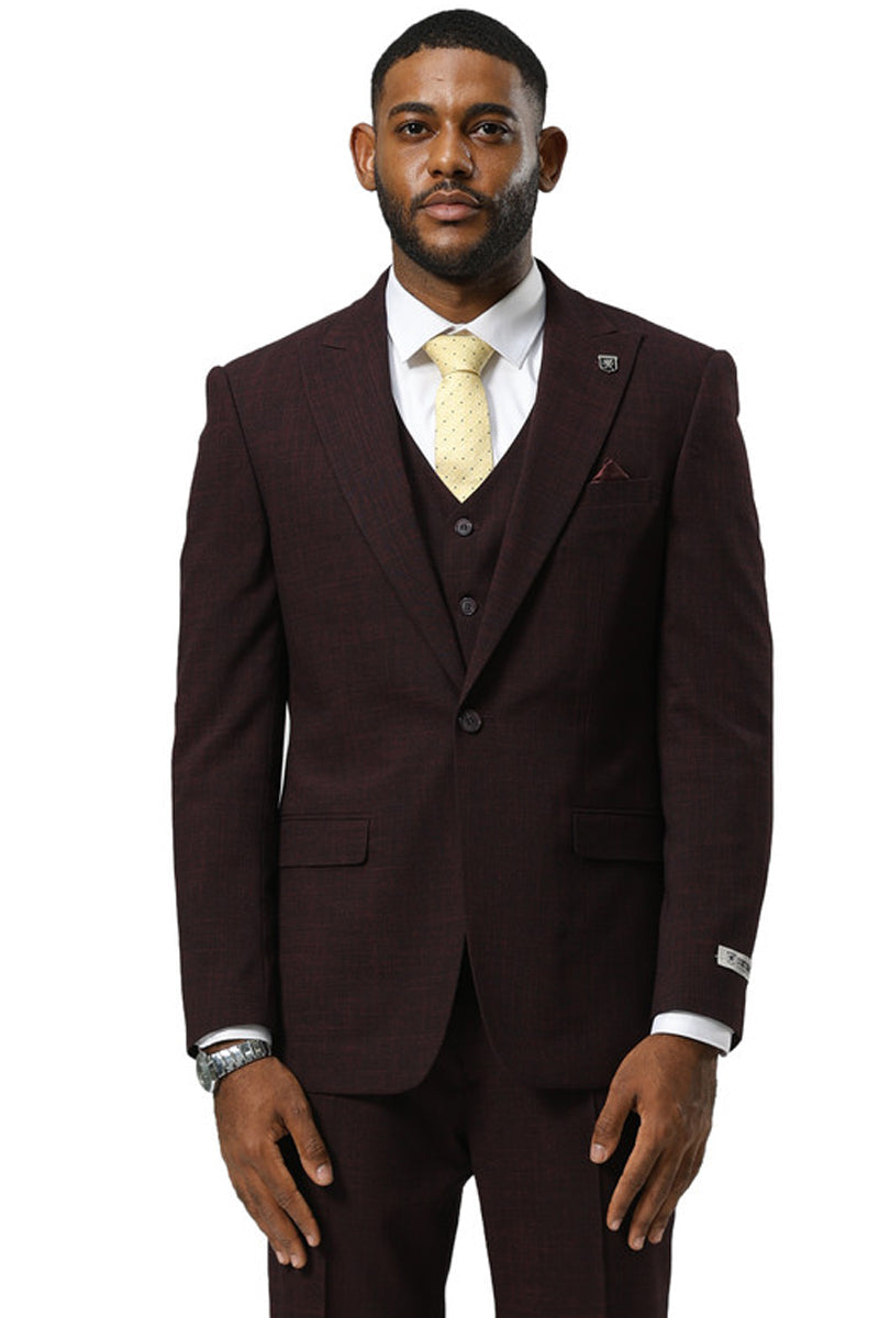 Men’s Stacy Adams One Button Peak Lapel Vested Sharkskin Suit in Burgundy