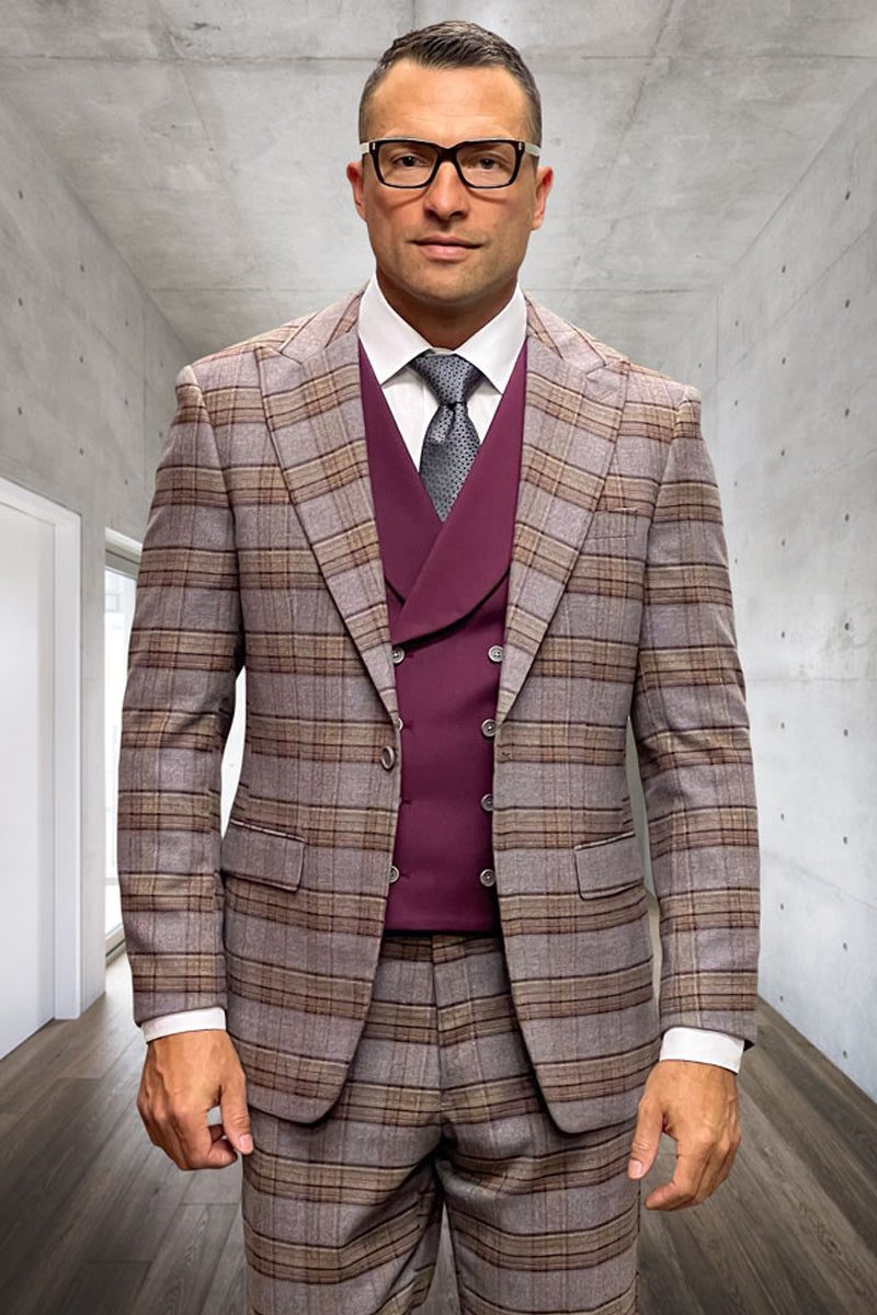 Men’s Vested One Button Peak Lapel Wool Suit in Burgundy Windowpane Plaid