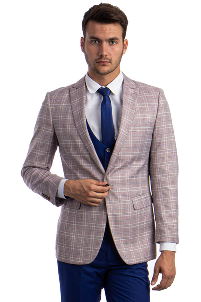 Men’s One Button Peak Lapel Pink Glen Plaid Suit with Double Breasted Vest