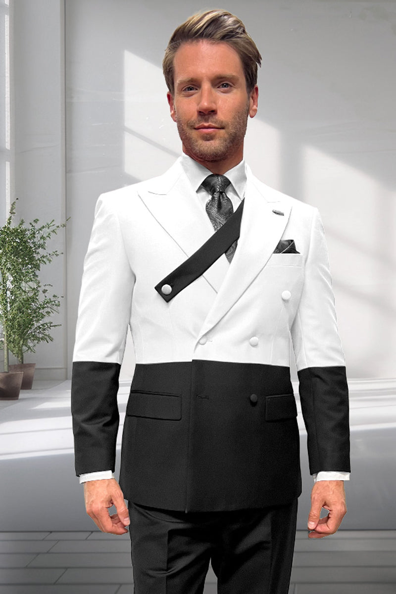 Men’s Designer Wool Double Breasted Suit in Dipped Two Tone Black & White