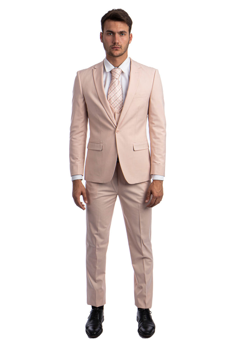 Men’s One Button Peak Lapel Skinny Wedding & Prom Suit with Lowcut Vest in Blush Pink