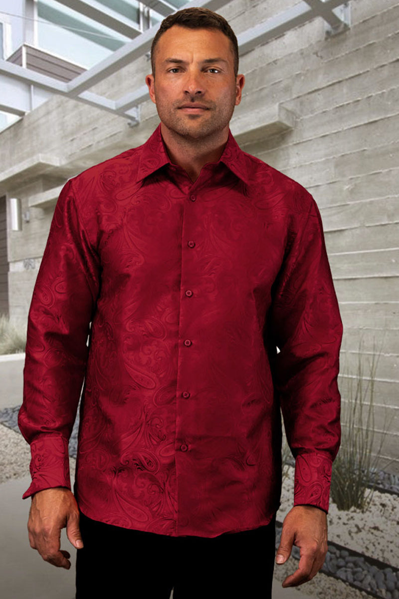Men’s Fancy Long Sleeve Woven Paisley Dress Shirt in Burgundy