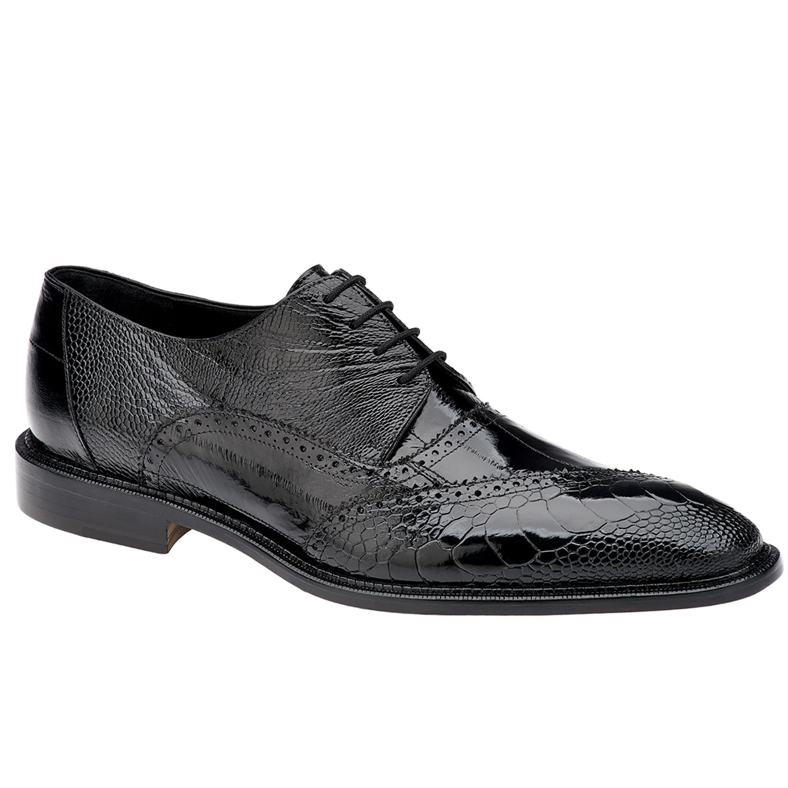 Men’s Belvedere Nino Slanted Wingtip Ostrich Leg & Eel Dress Shoe in Black