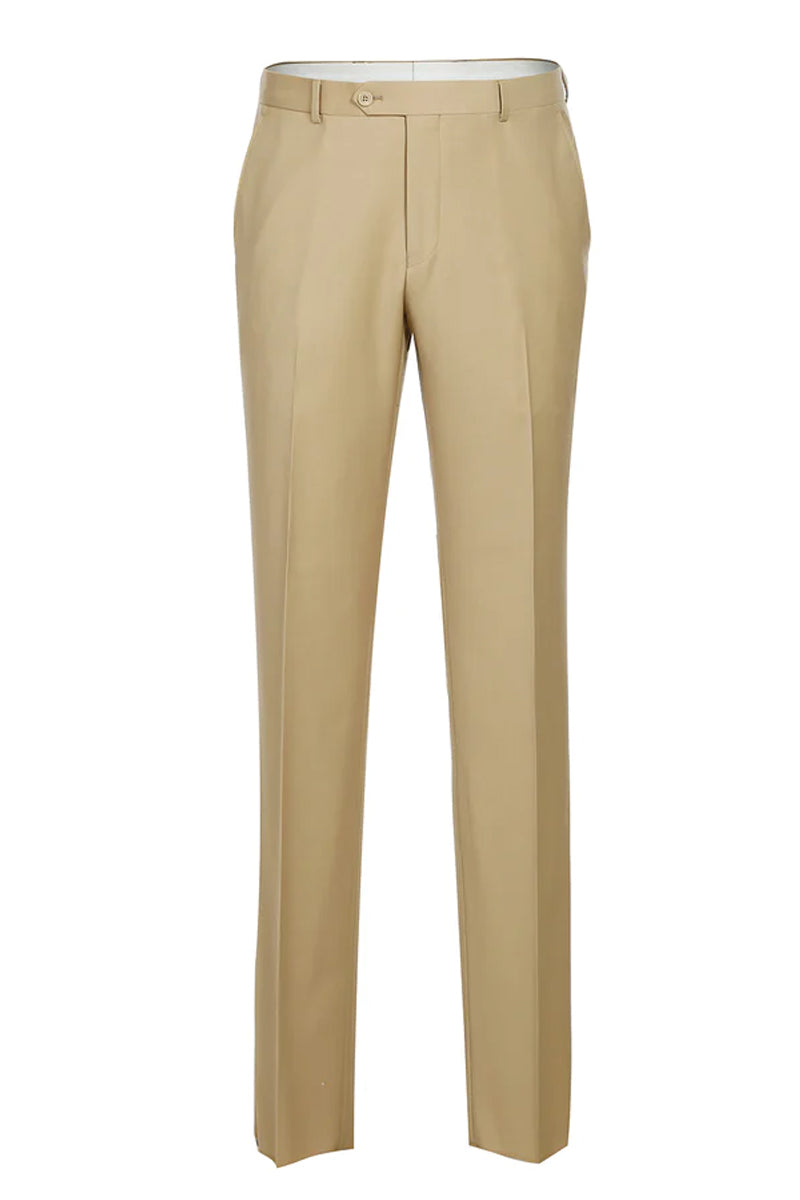 Mens Basic Two Button Slim Fit Wool Suit with Optional Vest in Tan