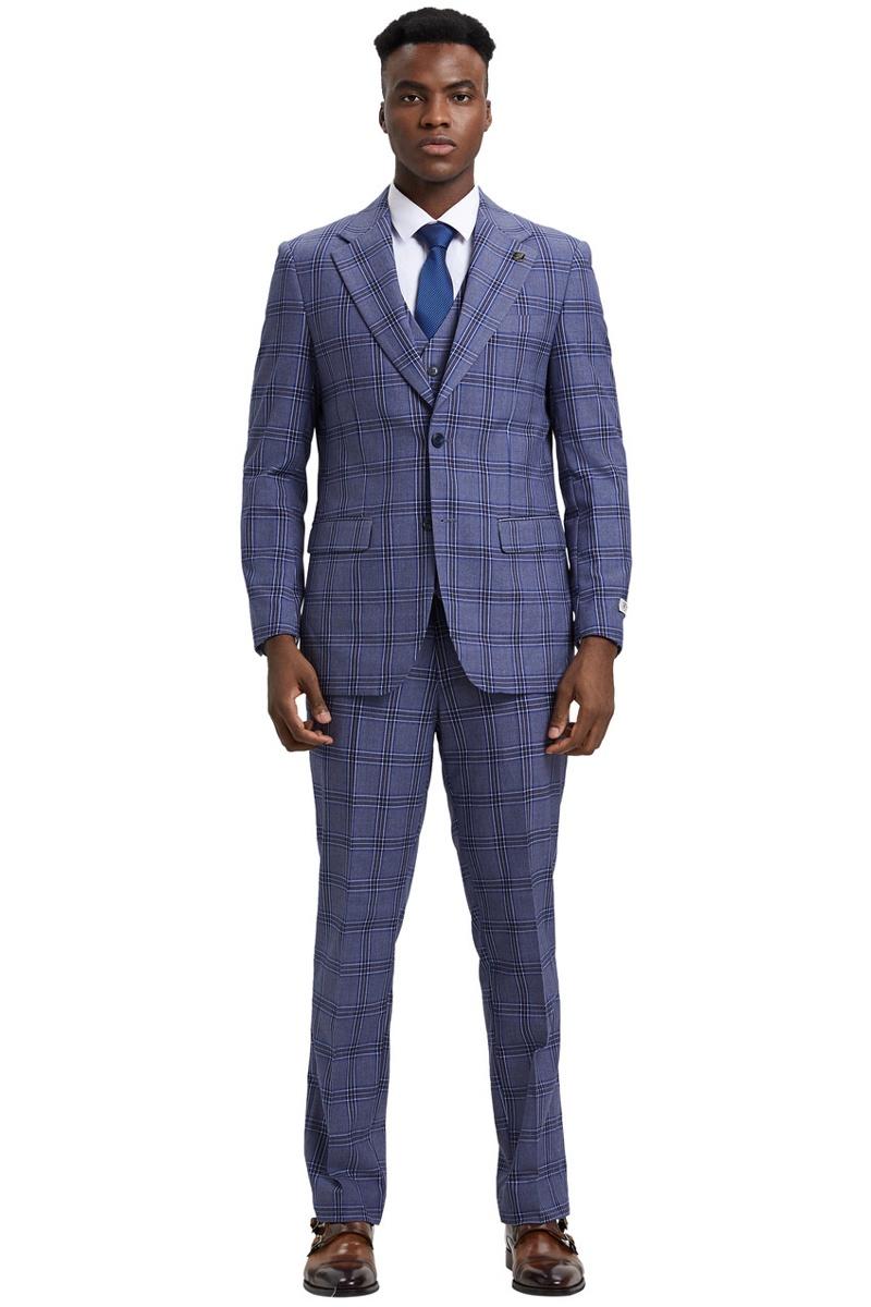 Men’s Stacy Adams Two Button Vested Glen Plaid Check Suit in Light Purple Lavender