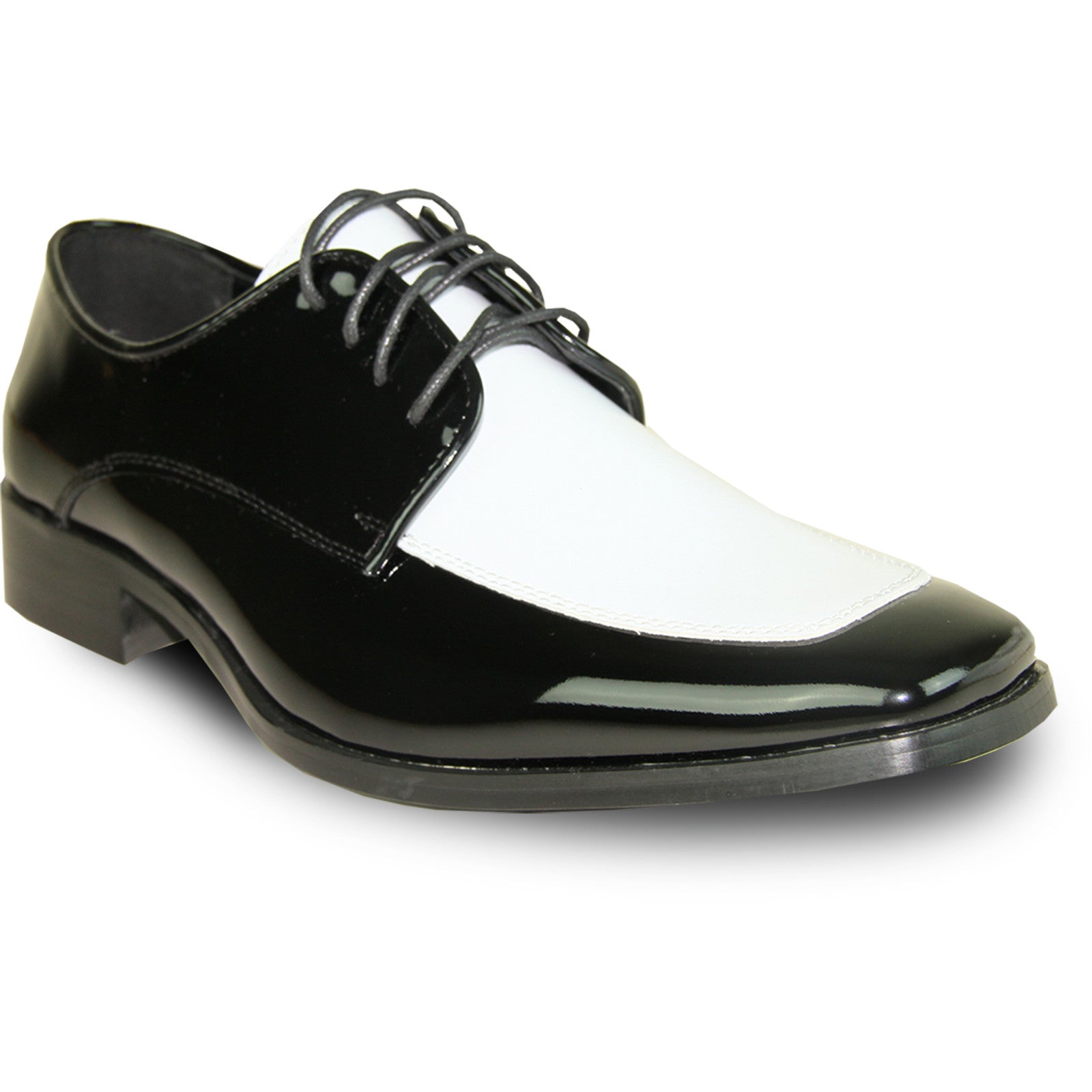 Mens Classic Moc Toe Shiny Patent Tuxedo Prom Shoe in Black & White
