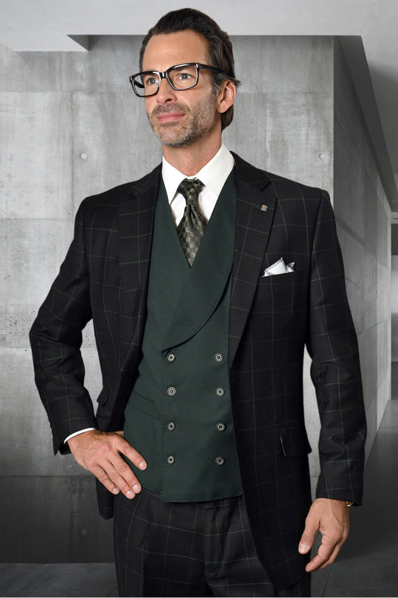 Men’s Designer Two Button Vested Wool & Cashmere Suit in Black & Hunter Green Windowpane Plaid