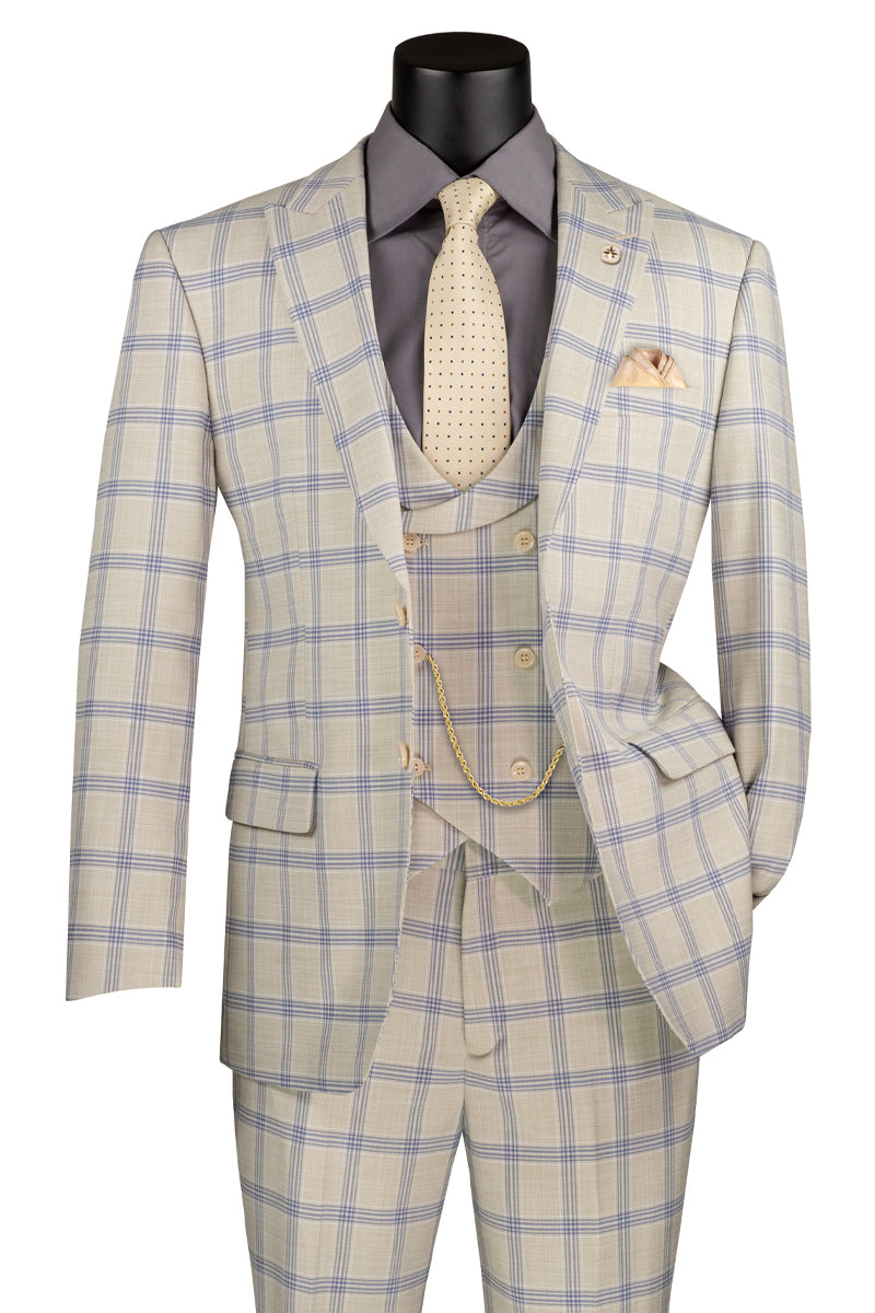 Men’s Summer Windowpane Suit with Double Breasted Vest in Light Beige
