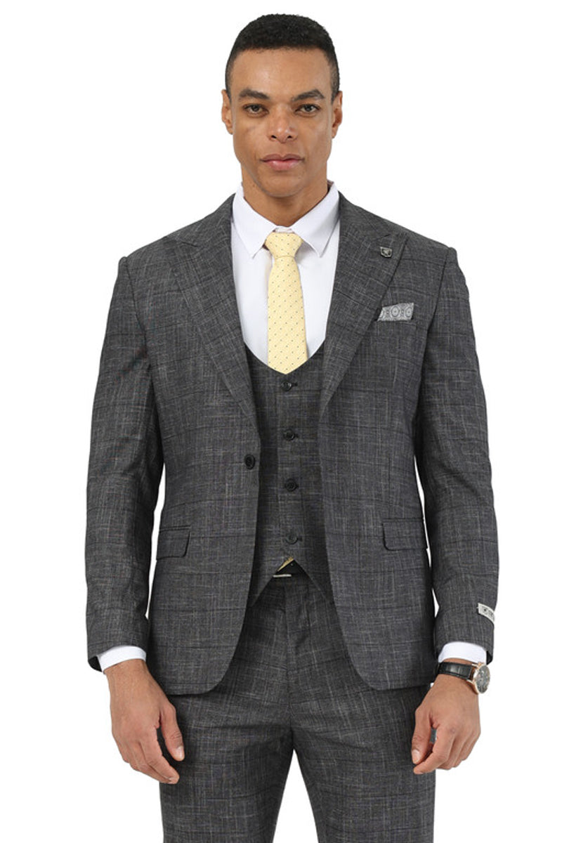 Men’s Stacy Adams One Button Peak Lapel Vested Suit in Black Sharkskin Windowpane