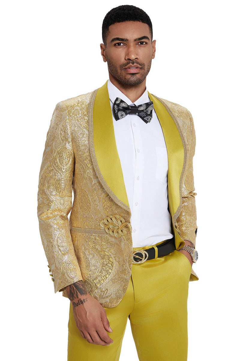 Men’s One Button Shawl Lapel Wedding & Prom Tuxedo in Shiny Gold Paisley