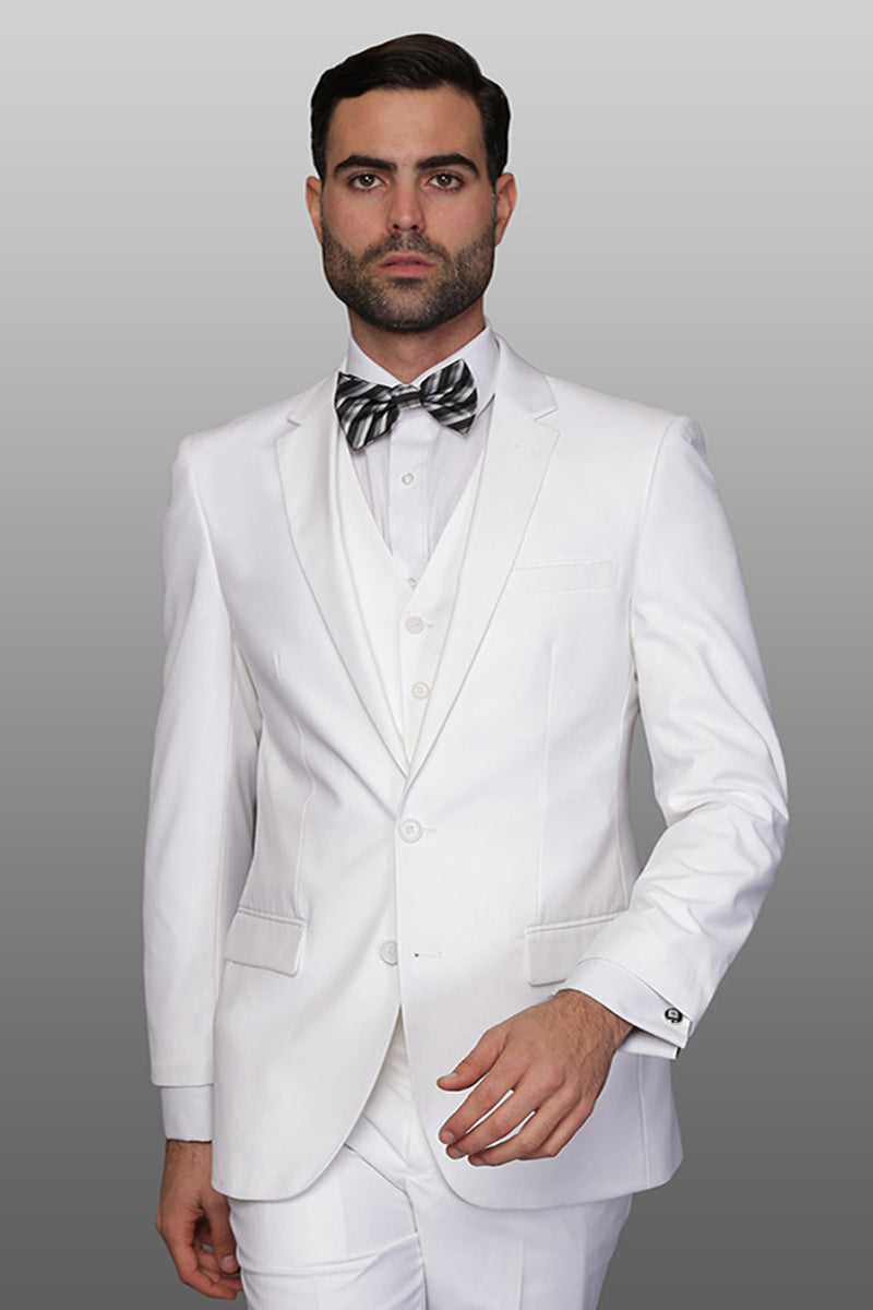 Men’s Designer Slim Fit Vested Wool Wedding Suit in White