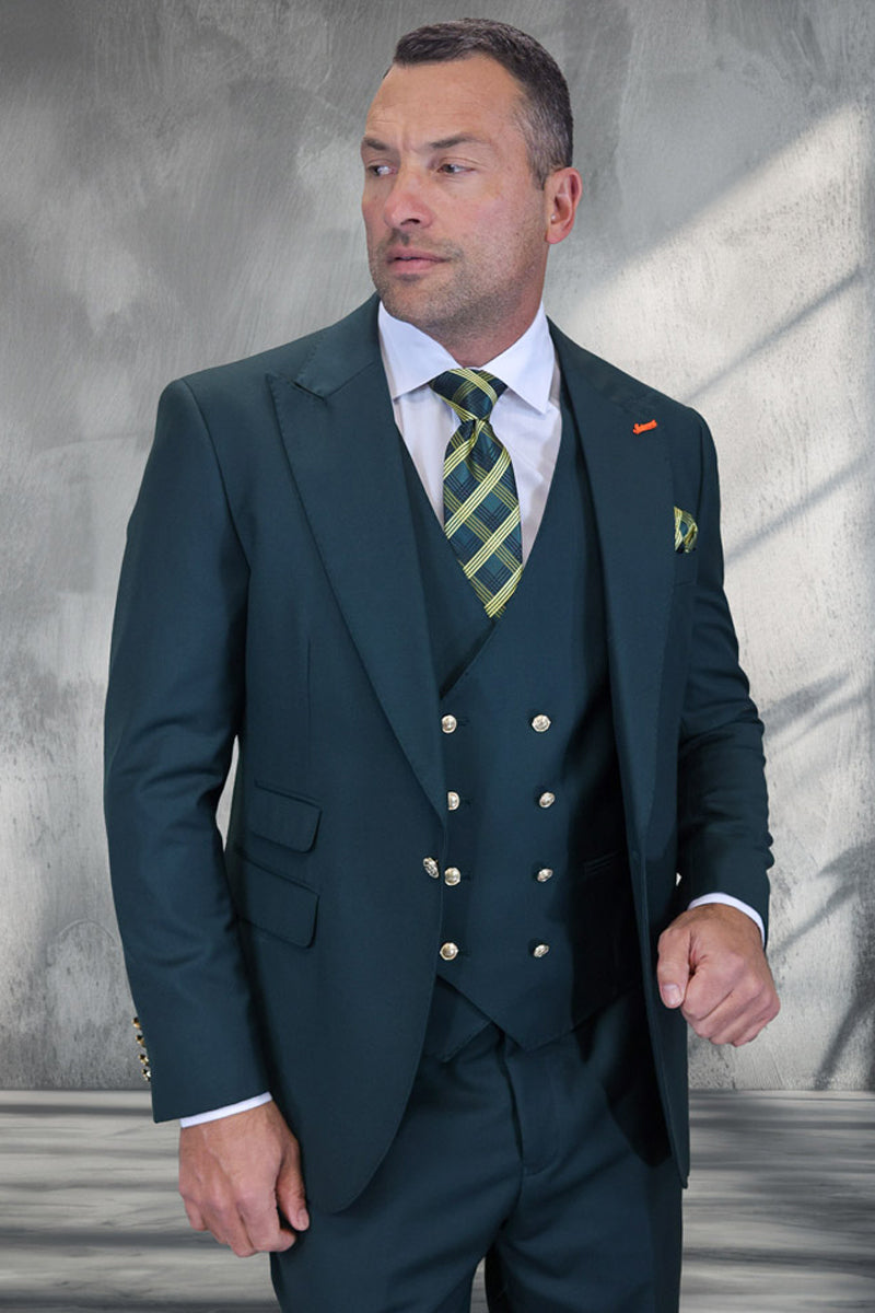 Men’s Designer Wool Vested One Button Peak Lapel Suit in Hunter Green with Gold Buttons