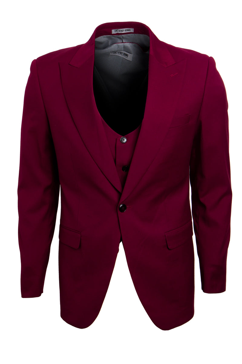Men’s Vested One Button Peak Lapel Stacy Adams Suit in Burgundy