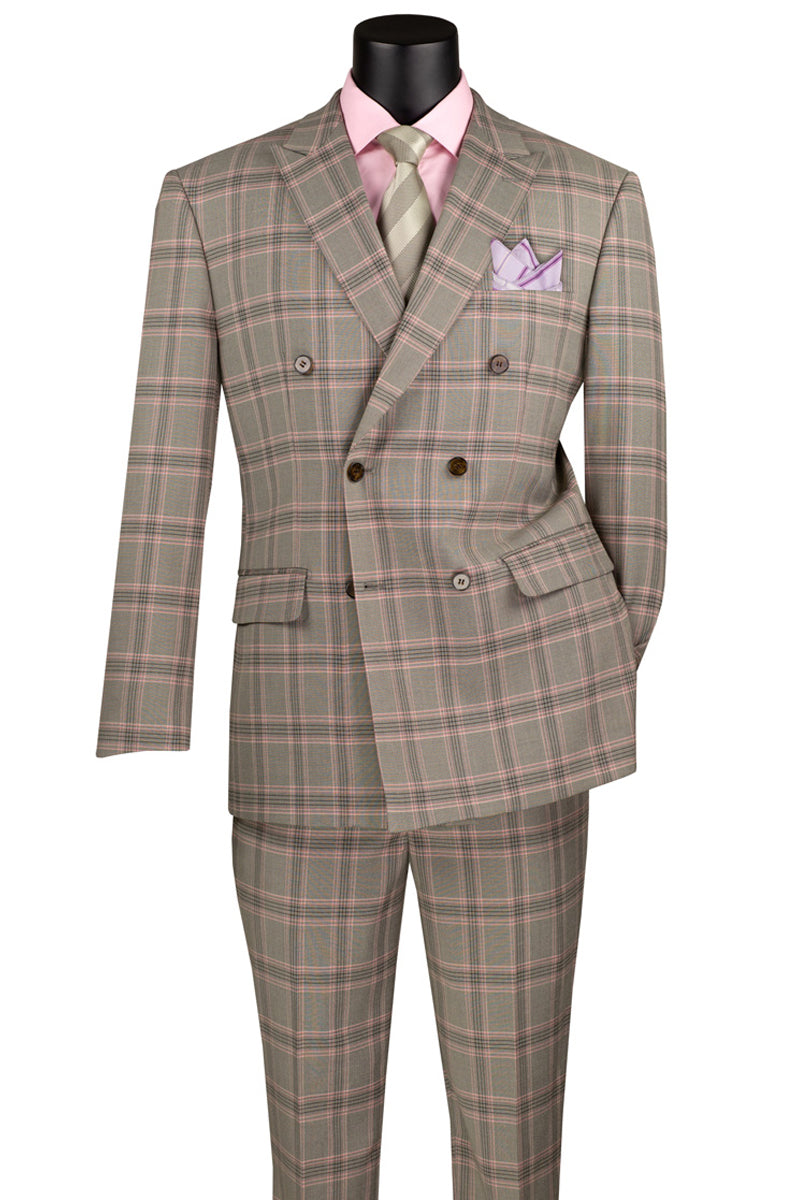 Men’s Modern Fit Double Breasted Stretch Suit in Light Taupe Glen Plaid