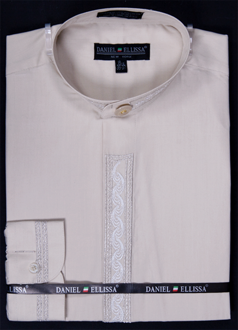 Men’s Regular Fit Banded Collar Dress Shirt in Beige with Silver Wave Embroidery