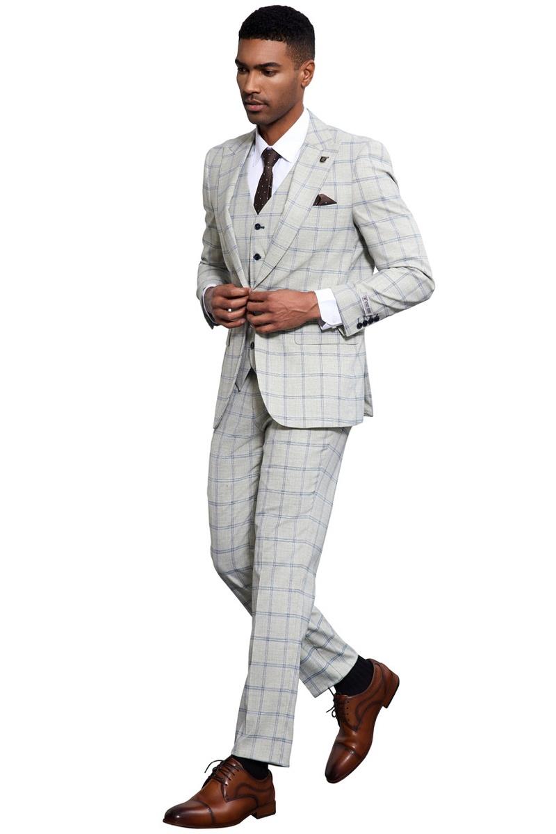Men’s Stacy Adams One Button Peak Lapel Vested Windowpane Plaid Suit in Grey & Blue