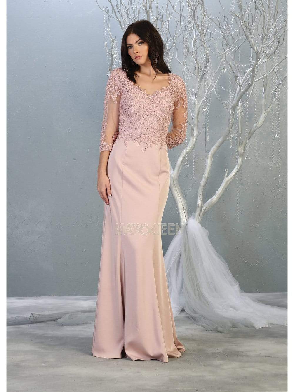 MQ1811 Appliqued Quarter Sleeve Scoop Bodice Dress