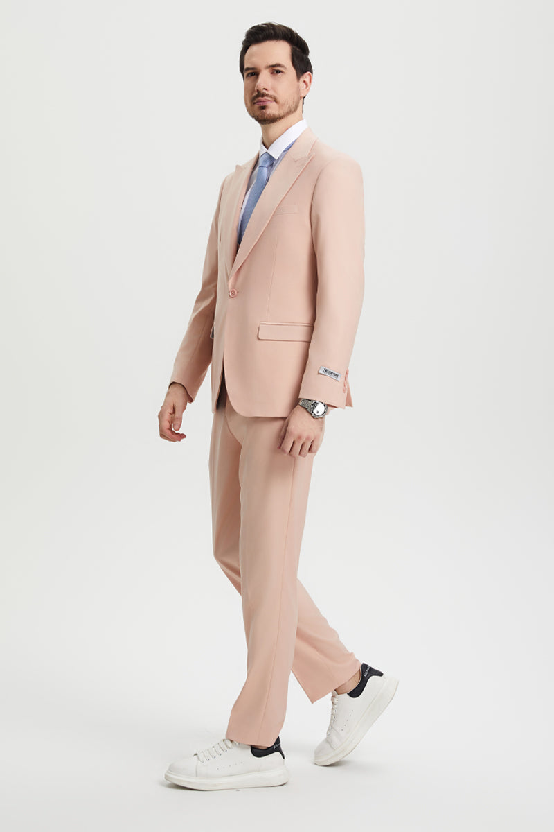 Men’s Vested One Button Peak Lapel Stacy Adams Designer Suit in Blush Pink