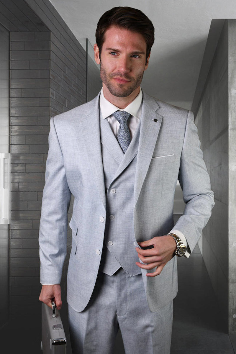 Men’s Modern Fit Designer Summer Wool Suit in Powder Blue with a Double Breasted Vest