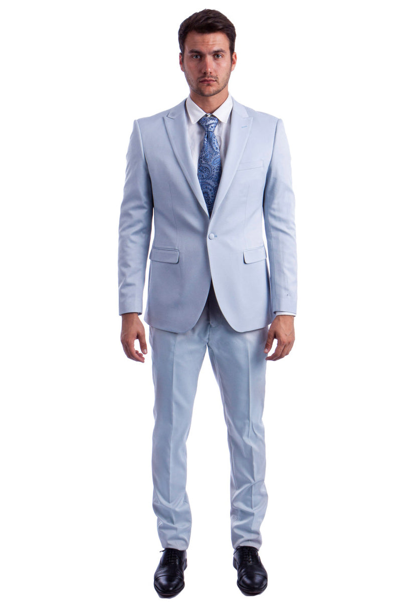 Men’s One Button Peak Lapel Basic Slim Fit Suit in Light Blue
