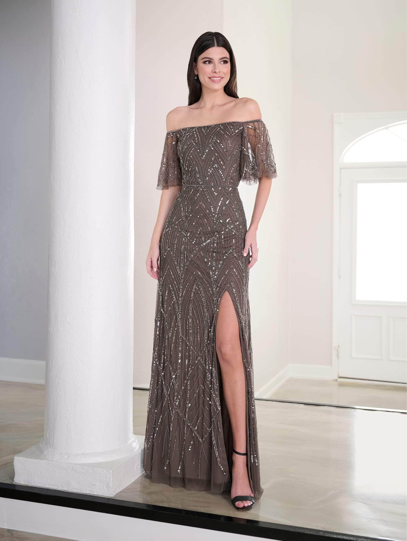 Sequined Short Sleeve Long Dress