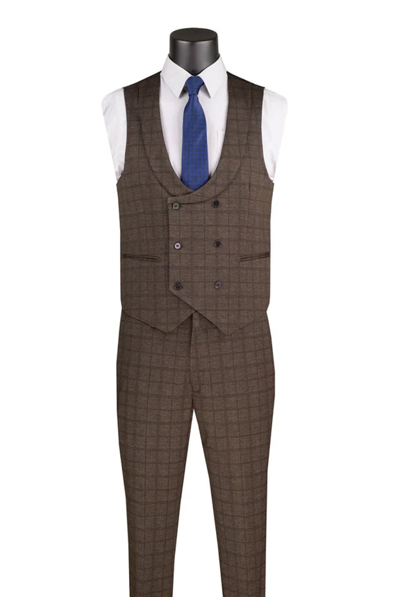 Men’s Two Button Vintage Style Slim Fit Vested Plaid Suit in Brown