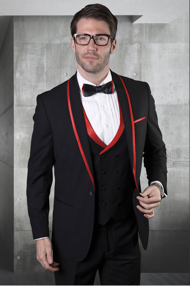 Men’s Vested Shawl Tuxedo in Black with Red Satin Trim