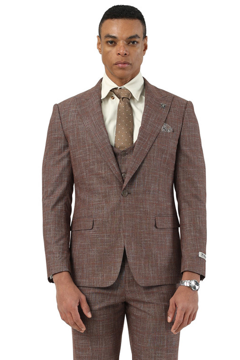 Men’s Stacy Adams One Button Peak Lapel Vested Suit in Brown Sharkskin Windowpane