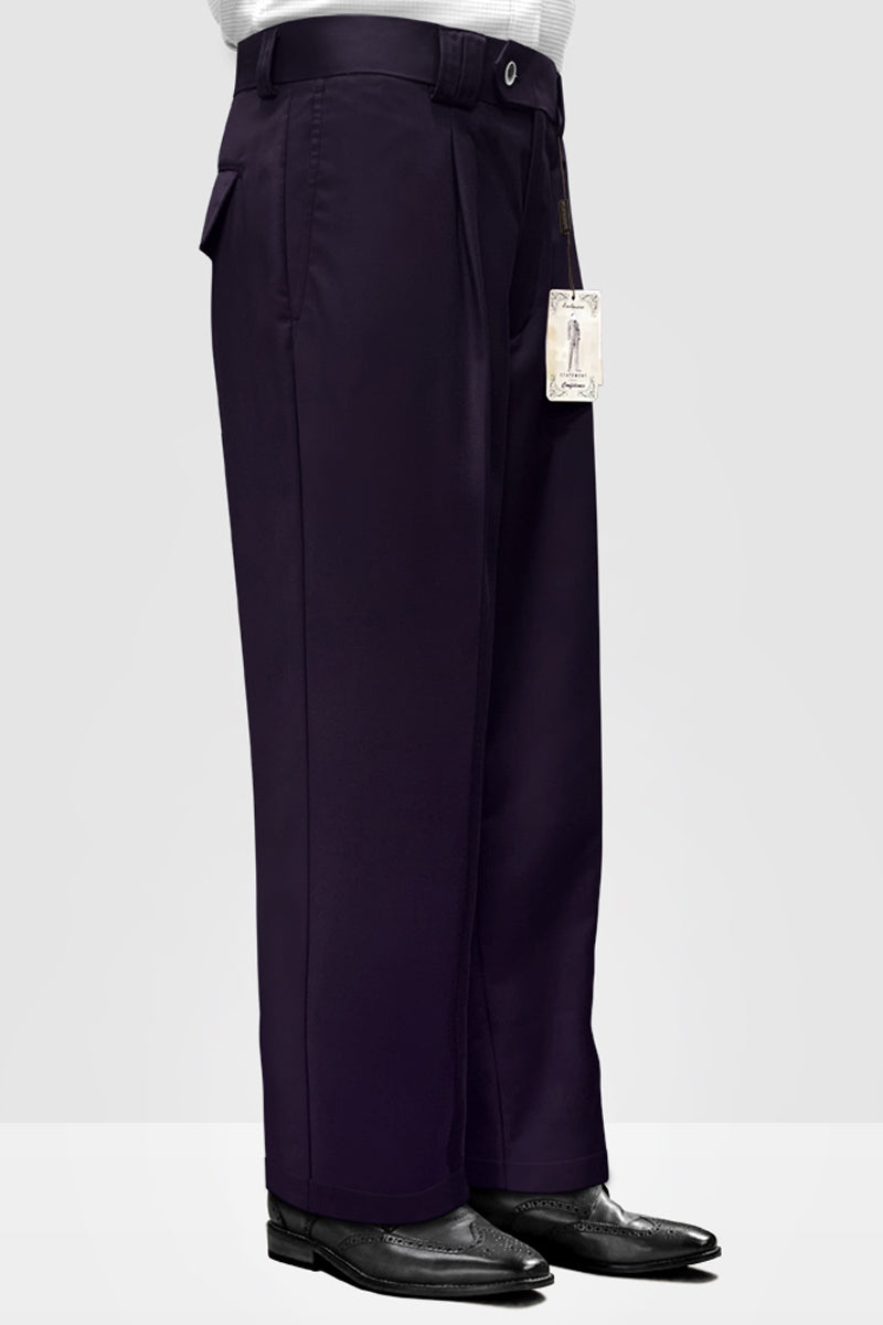 Men’s Designer Wool Pleated Wide Leg Dress Pants in Eggplant Purple